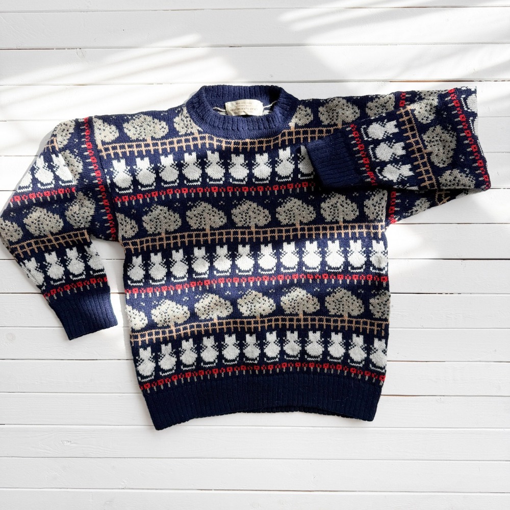 Rainbow's End vtg Scottish wool cat apple tree hand knit sweater‎ size M